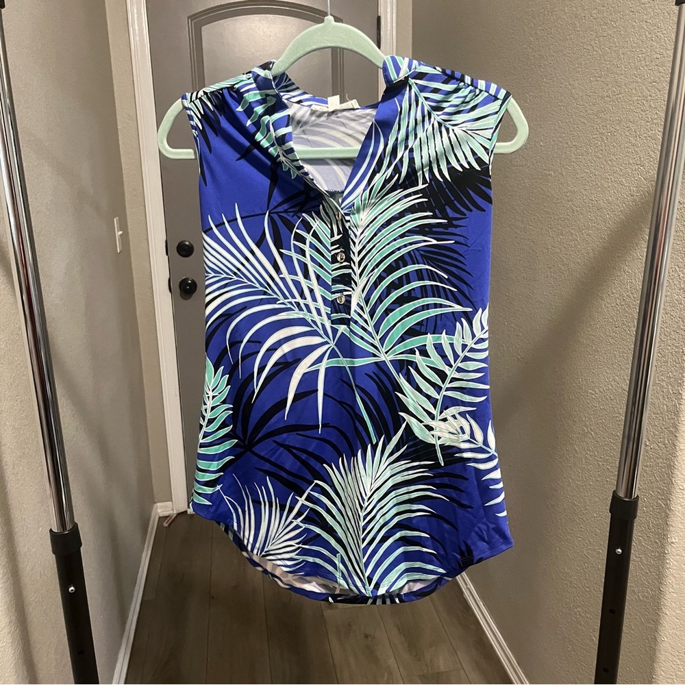 Perseption Concept Blue Leaf Print Blouse - Womens Small